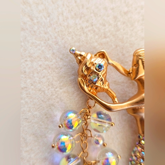 Vintage Kirk's Folly Oceana Gold Aurora Borealis Crystals Mermaid Brooch Dangle - Picture 2 of 15